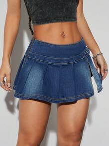 SHEIN ICON Low-Rise Mini Washed Denim Women Pleated Skirt - Dark Wash - View 3