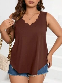 SHEIN LUNE Plus Size Women Solid Color Arched Hem V-Neck Casual Tank Top
