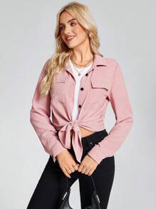 SHEIN LUNE 女牛仔西部装女式双口袋长袖轻便休闲衬衫 - 粉色 - 查看 4