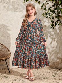 SHEIN Serisse Kids 大女孩花卉V領長袖收腰優雅洋裝，中長版綠色，休閒度假風，母女套裝，大女孩 - 綠色 - 查看 3