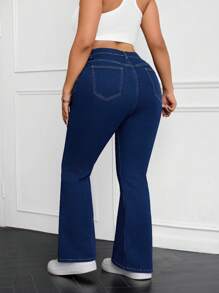 SHEIN ICON 大码女式口袋喇叭休闲百搭牛仔裤 - 藍色 - 查看 2