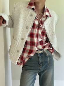 DAZY Spring Men's Retro Red Plaid Button Down Shirt,Fall Clothes - Red - View 7