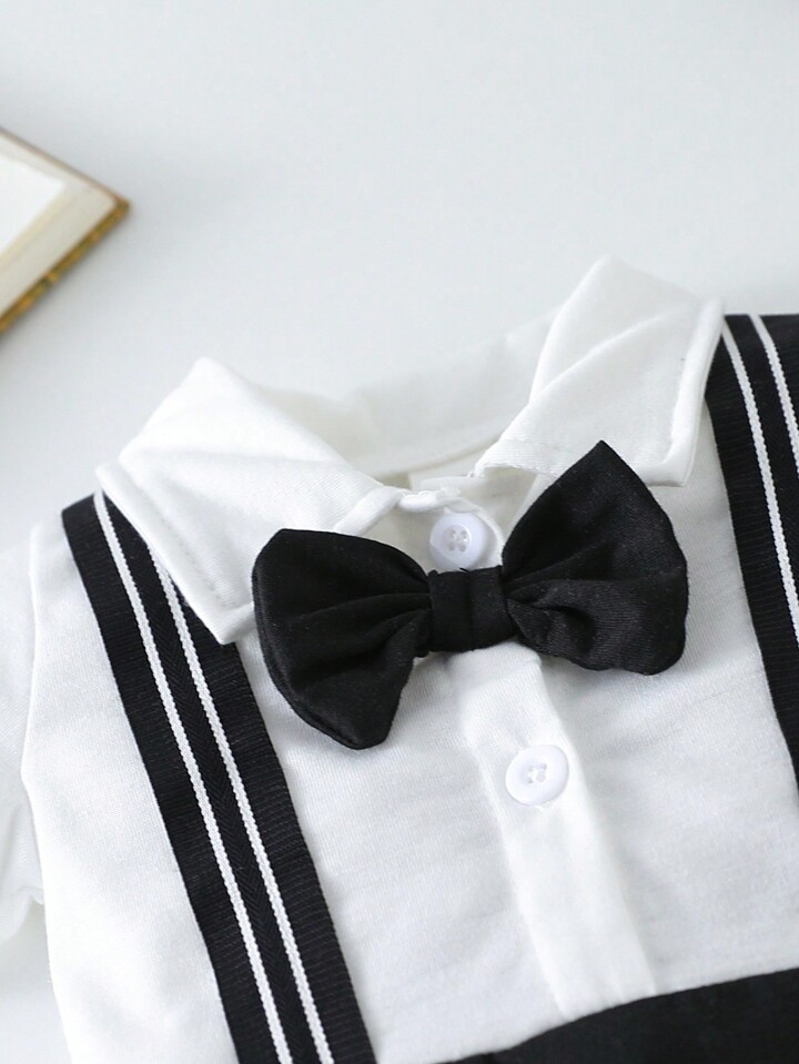 SHEIN Newborn Baby Boys Romper, Collared Front-Open 2 In 1 Design, Fashionable And Elegant, Bowknot Accent, Gentlemanly Style, Sophisticated And Handsome, Minimalist Design, Suitable For Daily Wear And Photography, All Season, Infant Baby Boys Clothes