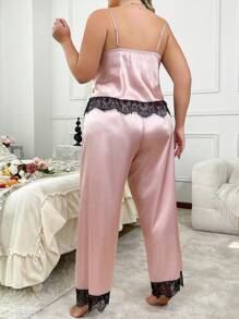 Plus Size Contrast Lace Patchwork Deep V Neck Backless Faux Silk Pajama Set