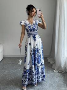 Chiquease V-Neck Floral Print Waisted Split Flare Dress For Vacation - Blue - View 3