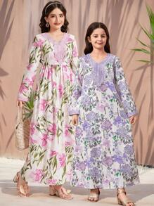 SHEIN Tween Girl Casual Elegant Floral Purple Lace Trim Dress, Suitable For Outings, Family Gatherings