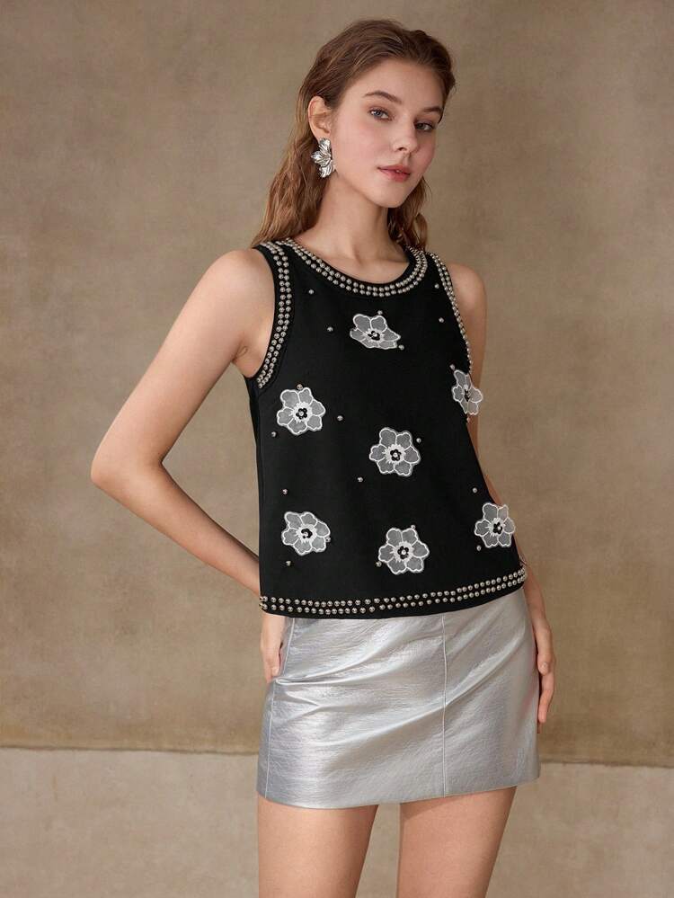 APPLIQUES BEADED SLEEVELESS BLOUSE