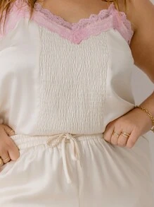 Aralina Plus Size Curve Satin Lace Trim Valentines Shirred Front Silky Cami With Scrunchie For Summer