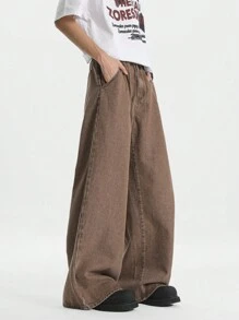 Chillumni Men's Loose Fit Khaki Wide Leg Jeans - Khaki - View 1