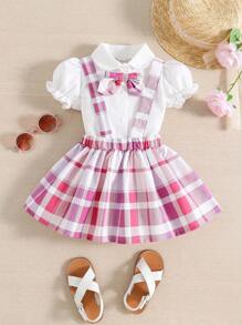 嬰兒前蝴蝶結泡泡袖襯衫和格紋印花背带半身裙