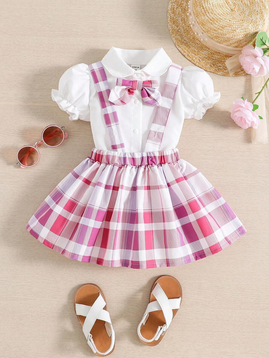 嬰兒前蝴蝶結泡泡袖襯衫和格紋印花背带半身裙