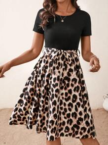 SHEIN LUNE 女士复古豹纹 A 字中长连衣裙，撞色圆领短袖，休闲假日优雅街头服饰