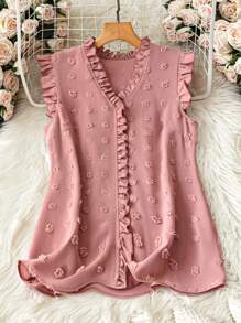 SHEIN LUNE Women's Vacation Casual Solid Color Swiss Dot Patchwork Ruffle Trim Sleeveless Blouse - Pink - View 1