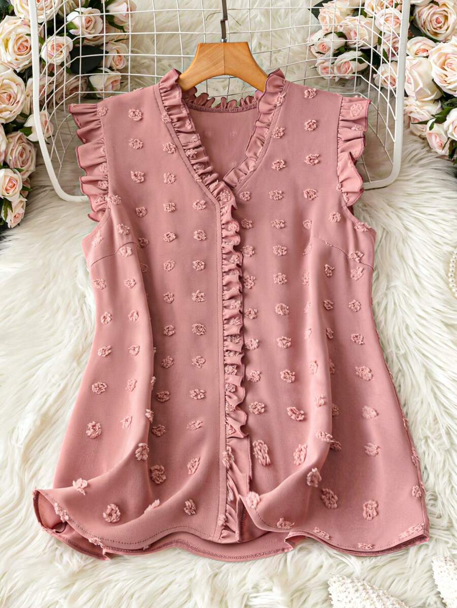 SHEIN LUNE Women's Vacation Casual Solid Color Swiss Dot Patchwork Ruffle Trim Sleeveless Blouse - Pink - View 1