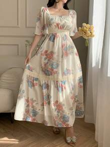 DAZY 女士中长款碎花连衣裙，春夏优雅，挤奶女工连衣裙