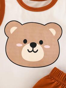 SHEIN Newborn Baby Contrast Color Splicing Cartoon Print Sleeveless Top And Shorts Set