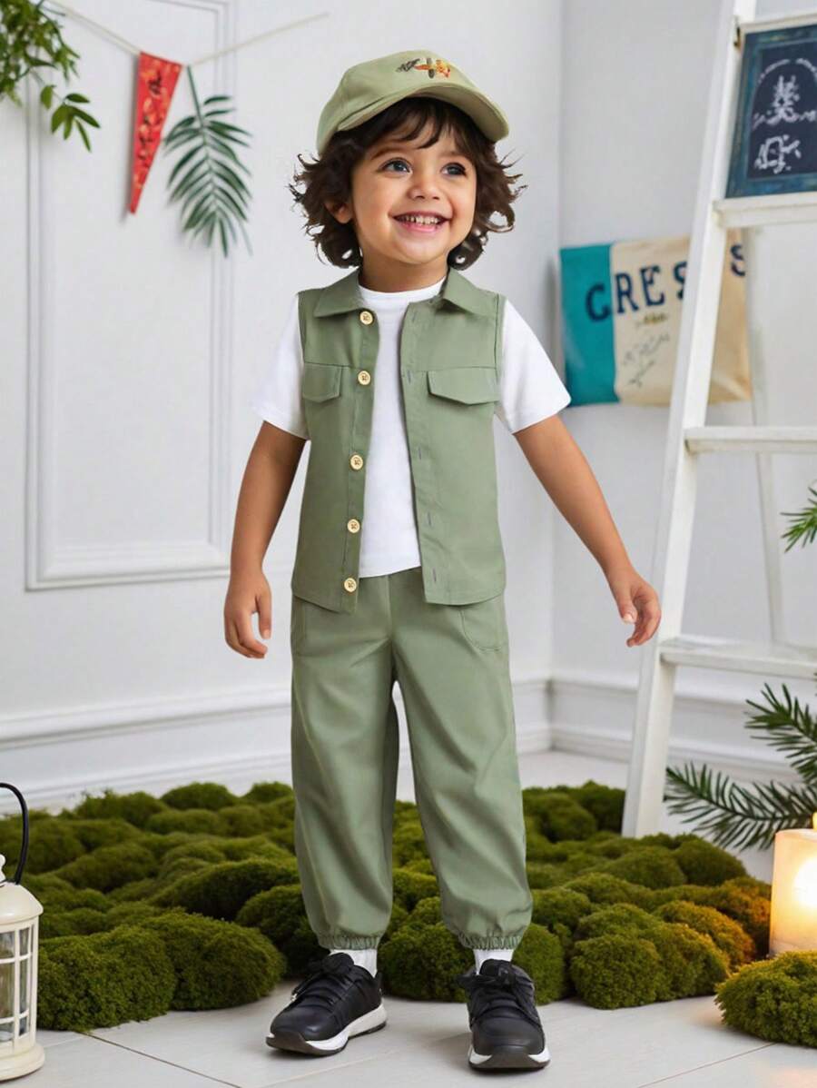 3pcs/Set Young Boy Casual Academy Style Vest,White T-Shirt&Drawstring Pants Set,Suitable For Daily Wear,School,Outings,Spring,Summer,Autumn - Green - View 1