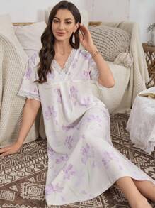 Camisón romántico de mujer con escote en V, manga corta, estampado floral y parches de encaje, perfecto para el verano y las vacaciones