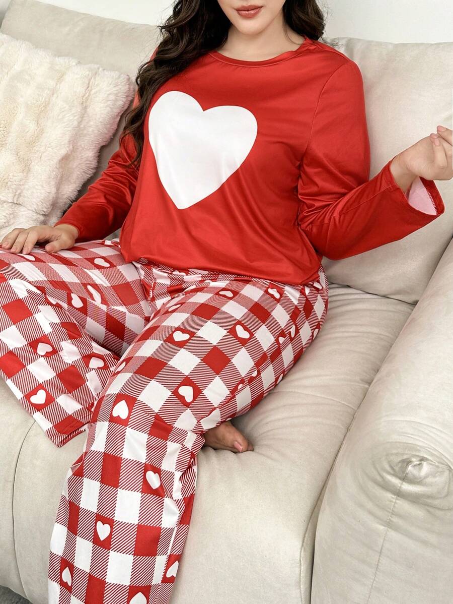 情人节格子和心形印花圆领睡衣套装，加大码 - 紅白色 - 查看 1