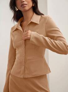 COSMINA 2pcs Women Simple Elegant Casual Solid Color Long Sleeve Set - Brown - View 3