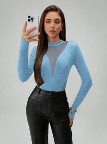 Almamuse 女士时尚圆领长袖锡箔网布拼接透明紧身衣 - 藍色 - 查看 6