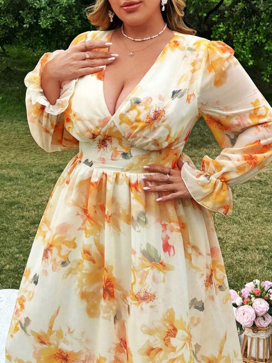 Flirla Abito in chiffon con scollo a V maniche lunghe elegante, con motivo floreale ditsy, romantico e puro, adatto alla primavera/estate, per spiaggia o vacanza - Multicolore - Visualizzare 1
