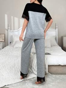 CoupledUp Contrast Color Splice Lace Design Casual Grey Round Neck Pajama Set - Grey - View 2