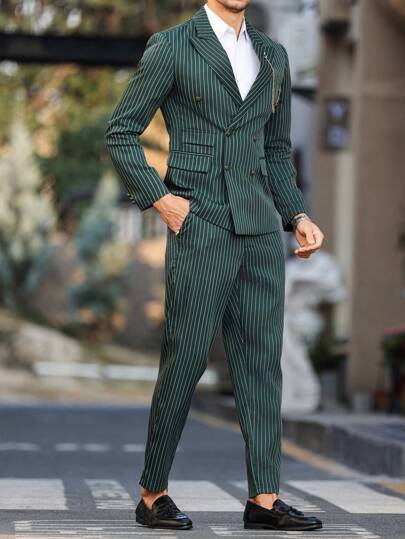 Manfinity Mode Plus 男士时尚绿色细条纹西装套装双排扣西装外套和长裤