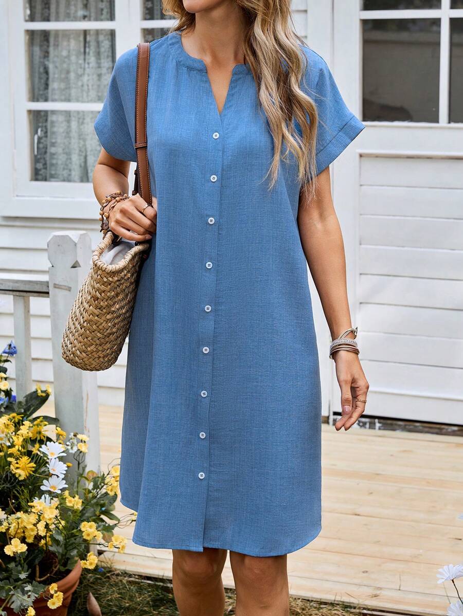 EMERY ROSE Women's Casual Denim Effect Fabric Mid-Length Shirt Dress, Spring/Summer - Blue - View 1