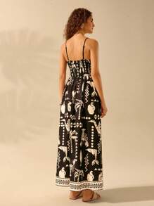 CAJUNI Women's Boho Black And Apricot Printed Holiday Leisure Summer Beach Strap Long Dress
