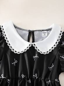 Young Girls Spring Dress With Bow, Floral Print And Color Block Collar & Puff Sleeves Details, Elegant Styles For Summer Young Girl Formal Wear - Black - View 4