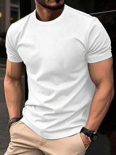 Manfinity Homme Men's Plain Round Neck Short Sleeve Casual Top, Daily Wear Tee