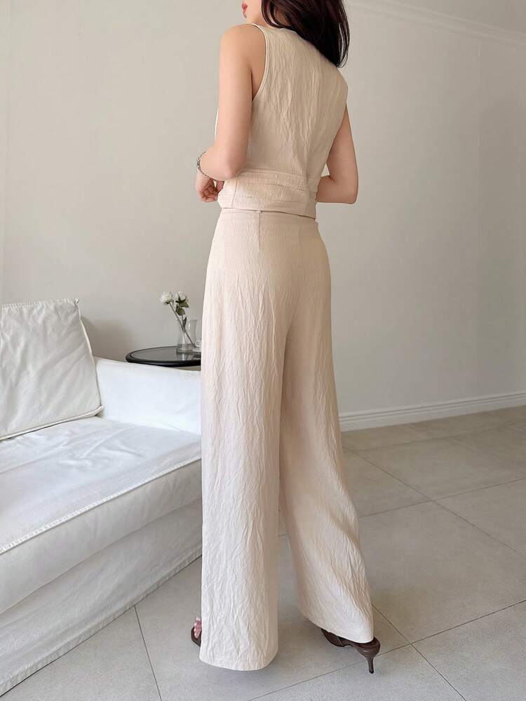 2pcs Set Women Solid Color V-Neck Twist Front Tie Cami Top & Wide Leg Pants