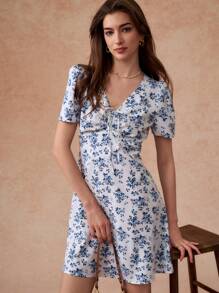 Écloséra Spring/Summer French Romantic Ditsy Floral V-Neck Women's Bohemian Dress