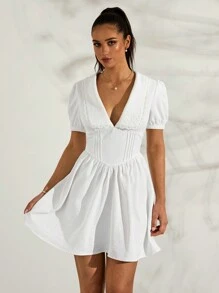 Glamine Vestido blanco de verano con cuello Peter Pan, mangas abullonadas, corte evasé y plisado a la cintura en diseño vintage francés