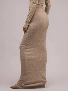 MUSERA Knit High Rise Tie Drape Detail Maxi Skirt Vacation Summer Sexy Party - Khaki - View 3