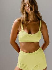 Aralina Lace Trim Sleepwear Ribbed Knit High-Waisted Comfy Lounge Set Bralette And Shorts - Yellow - View 5