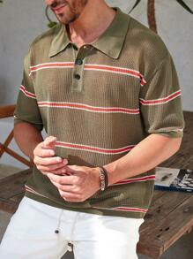 Manfinity RSRT Top casual de punto con botones al frente y mangas cortas con rayas para hombres - Multicolor - Ver 3