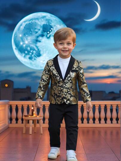 SHEIN 2 pièces Ensemble mode gentleman jeune garçon : 1 veste blazer à manches longues avec imprimé feuille d'or sur base noire, design de revers minimaliste et fausses poches décoratives, 1 pantalon de costume formel à taille élastique. Style élégant et noble, convient pour anniversaire, cérémonie, mariage, invité de mariage, porteur d'alliance, page.