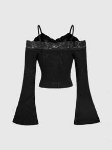 ROMWE Hippie 女士蕾丝拼接露肩喇叭袖毛衣 - 黑色 - 查看 2