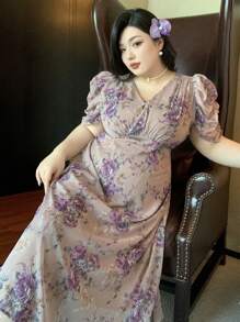 Dazy Plus Plus Size Purple Ditsy Floral V-Neck Puff Sleeve Dress, Soft And Romantic, Holiday & Beach Style, Spring/Summer Sundress