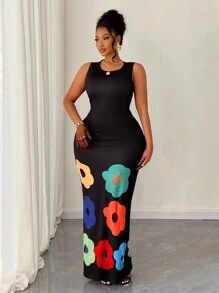 Maweii Women's Plus Size Floral Print Round Neck Dress