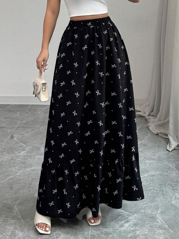 Modelyn Women's Printed Woven Black Ditsy Floral Elastic Waist Flared Skirt