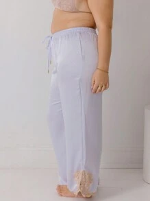 Aralina 曲线缎面丝滑蕾丝淡紫色装饰阔腿睡衣情人节裤 - 霧霾藍 - 查看 4