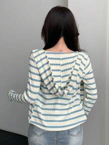 DAZY Women's Simple Striped Zip-Up Hoodie, Casual Daily Wear Long Sleeve Women Tops - Blue - View 4