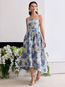 MOTF Soiréza JACQUARD GATHERED TUBE DRESS - Blue and White - View 3