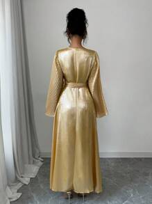 Chiquease Women's New Round Neck Fitted Pleated Long Sleeve Elegant Tie-Waist French Style High-End Dress, Spring/Summer - Gold - View 2