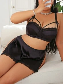 2件套大码女士经典性感蕾丝拼接内衣文胸和内裤套装 - 黑色 - 查看 6