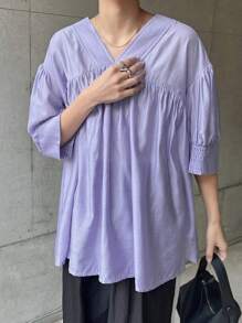 FRIFUL Women's V-Neck Puff Sleeve Blouse, Purple, Summer Clothing,Ruffle