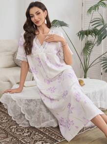 Camisón romántico de mujer con escote en V, manga corta, estampado floral y parches de encaje, perfecto para el verano y las vacaciones